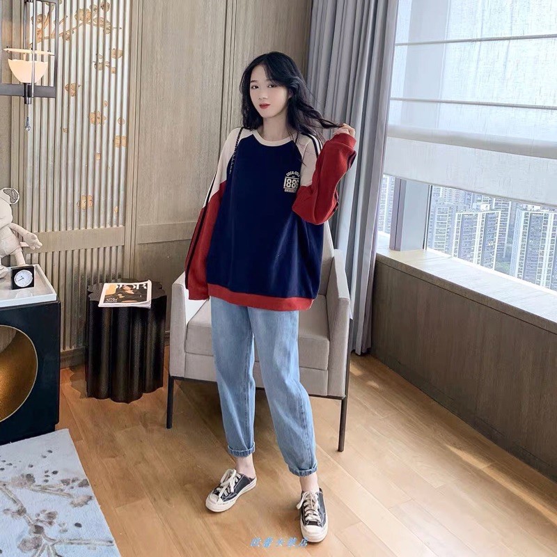 Áo Nỉ Bông Dáng Rộng - Tay Phối 2 Màu