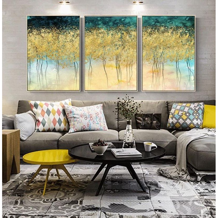Bộ 3 Tranh Treo Tường Trừu Tường Tone Xanh Lá Vàng Sang Trọng Hiện Đại Decor Phòng Ngủ Phòng Khách Sạn - MELYHOME