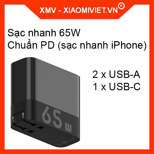 Cốc sạc/Củ sạc nhanh Xiaomi Zmi HA835/HA832 - Sạc nhanh PD 65W (2 cổng Type-C - 1 cổng USB-A) - Hàng chính hãng