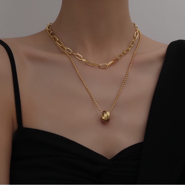 Dây chuyền hai lớp bằng thép titan mạ vàng hồng 18k thời trang độc đáo