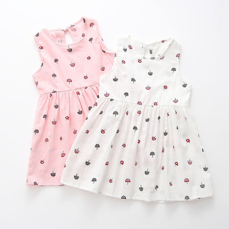 Đầm cotton cộc tay cổ tròn in hình nấm đa sắc dễ thương cho bé gái