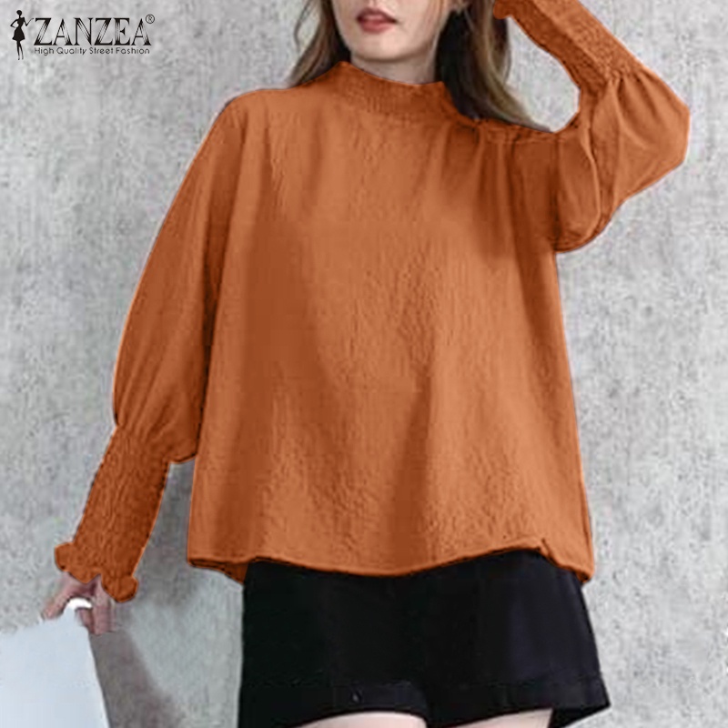 Áo kiểu Zanzea tay dài cổ đứng màu trơn thiết kế xếp ly phong cách vintage thời trang cho nữ
