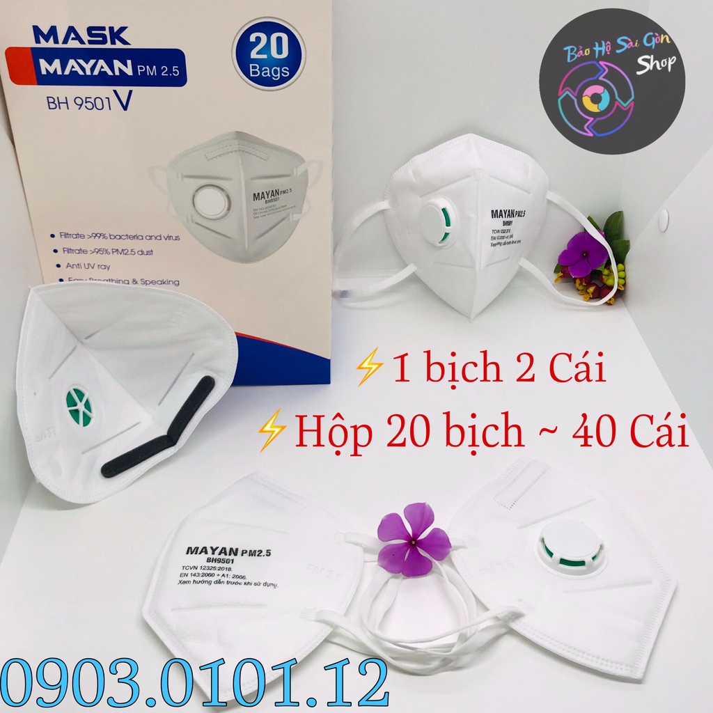 Khẩu trang n95 có van thở đệm mũi (set 10 cái), Kn95 chính hãng Mayan pm2.5 BH9501v lớp lọc kháng khuẩn than hoạt tính