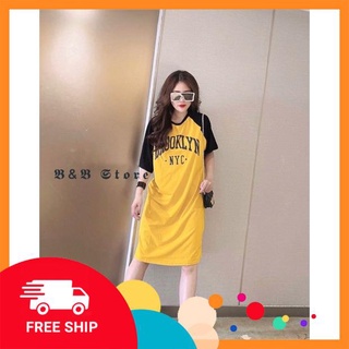 Đầm Suông - Váy Suông Cotton Phối Tay in Chữ NYC, Form Rộng