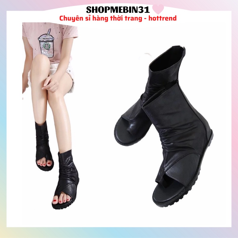 Boot Nữ Cổ Cao Đế Độn Trong 3 Phân Hở Mũi Xỏ Ngón Chất Da Phối Nhung mềm Cực Xinh 393