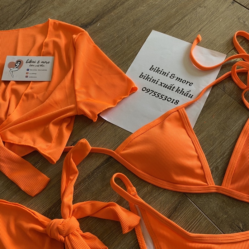 [BKN1342] &lt;ÂU&gt; SET BIKINI 4 MÓN VẢI GÂN CAM/ĐEN KÈM ÁO VÀ KHĂN HÔNG