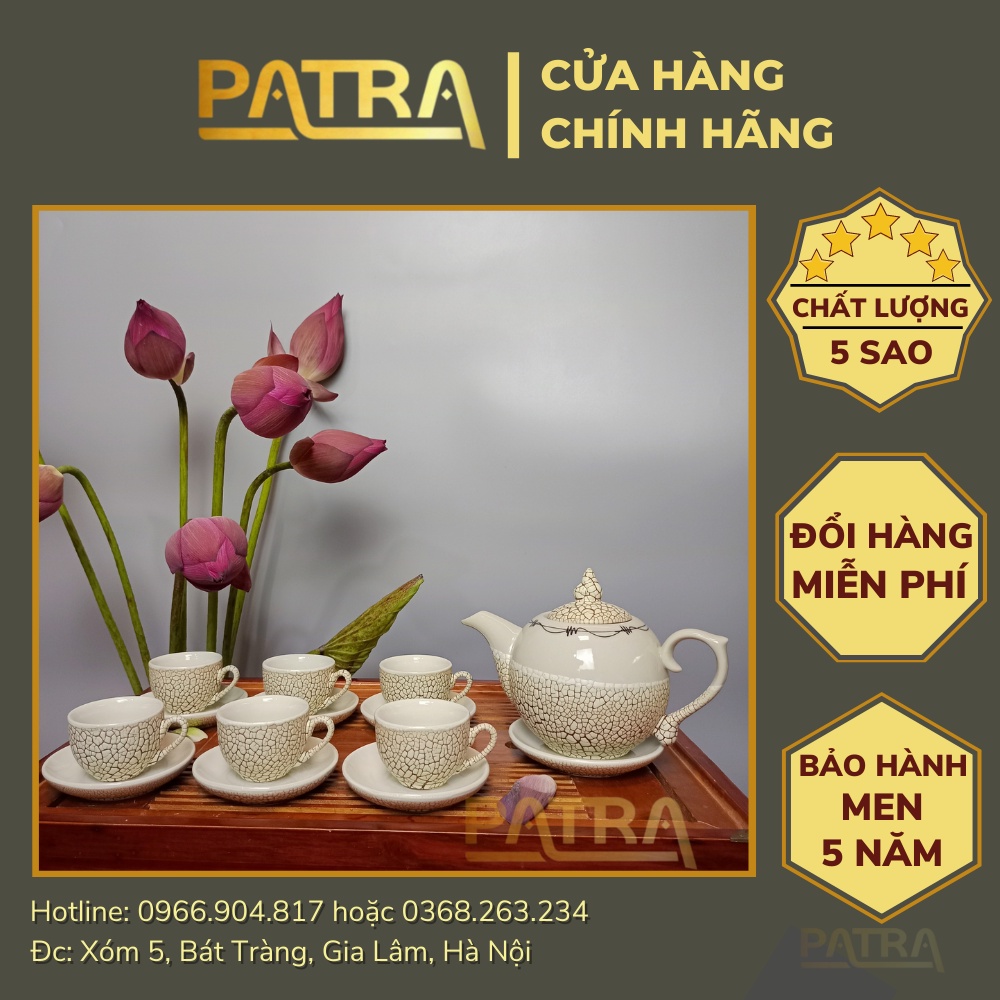 Bộ ấm chén uống trà cao cấp , bộ ấm trà Bát Tràng men rạn màu 001