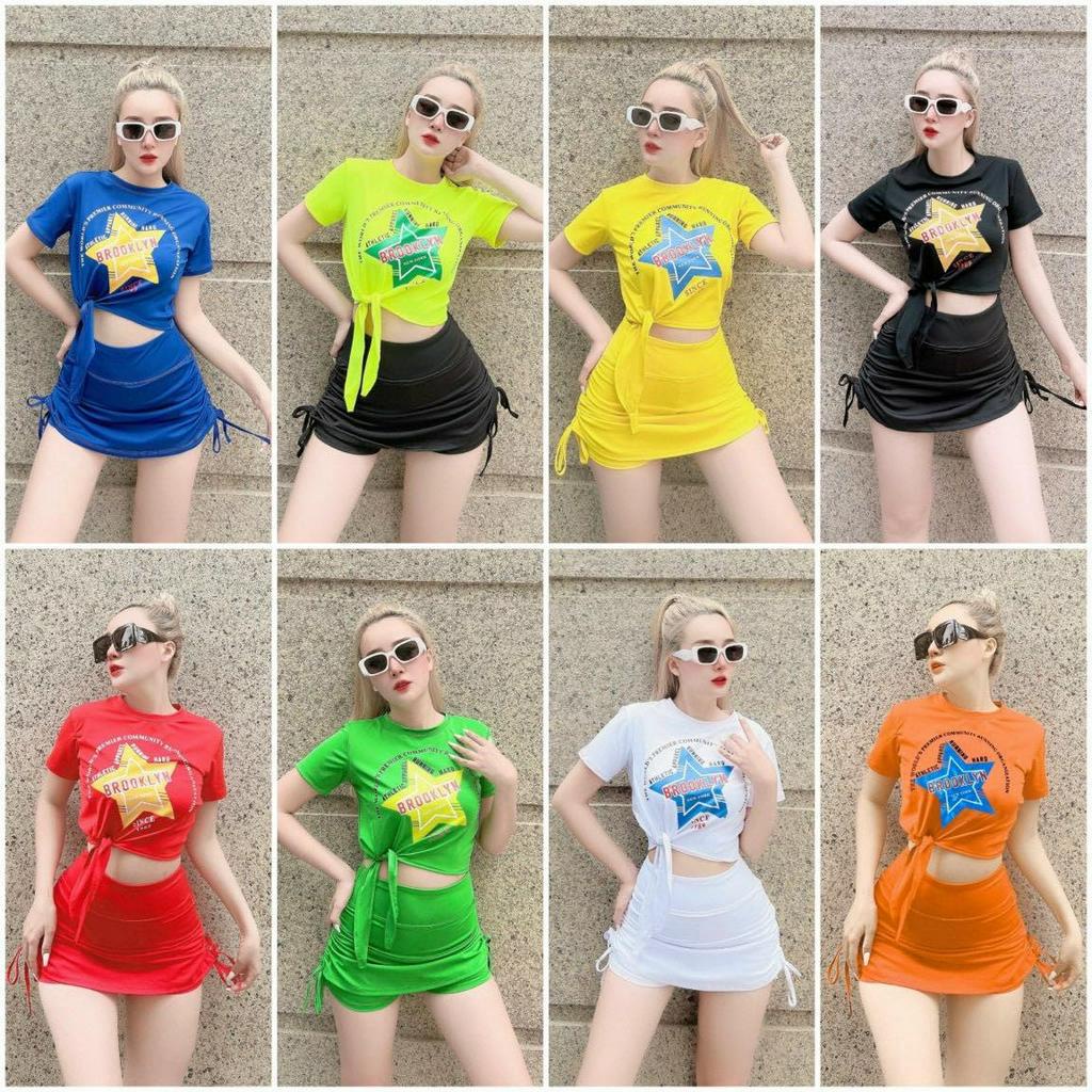Đồ tập gym nữ,set áo croptop sao mix  chân váy rút dây nhảy aerobic, yoga,biểu diễn, đi bơi,đồng phục nữ
