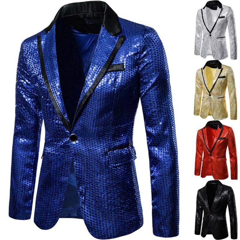 Mens Shining Sequins Tuxedo Suit Party Blazer Gentleman One Button