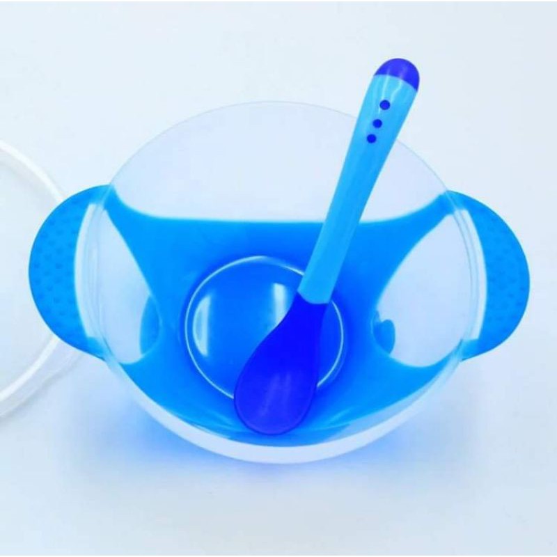 Ninikids: Bộ bát ăn dặm chống đổ + thìa báo nóng silicon