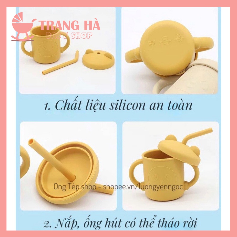 Cốc Tập Hút, Cốc Uống Nước Silicon Cao Cấp Hình Gấu Dễ Thương Có Nắp Đậy Và Tặng kèm Ống Hút Cho Bé