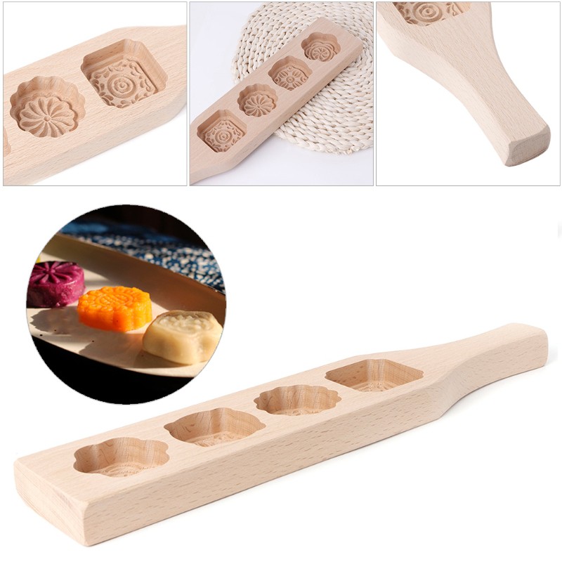 Khuôn làm bánh trung thu bằng gỗ 4 ngăn hình bông hoa tiện lợi