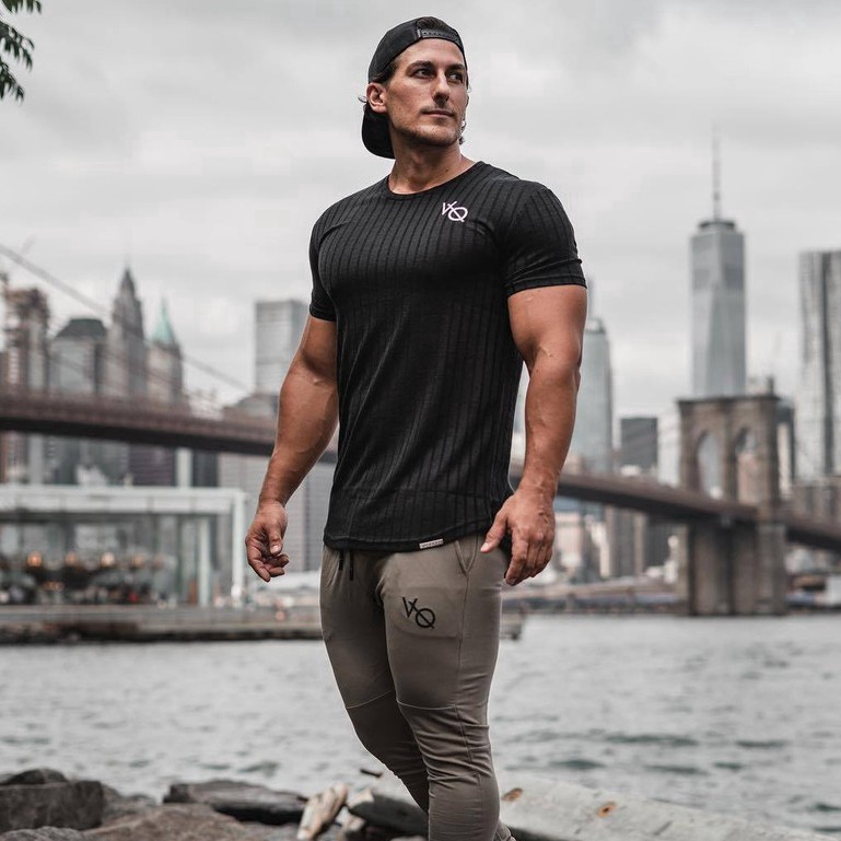 VQ Men's Cotton Sports Short-sleeved T-shirt Striped Breathable Jogging Fitness Shirt