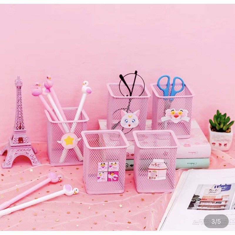 Giỏ Đựng Bút Lưới Sắt Hồng Siêu Dễ Thương( giao ngẫu nhiên)anhi