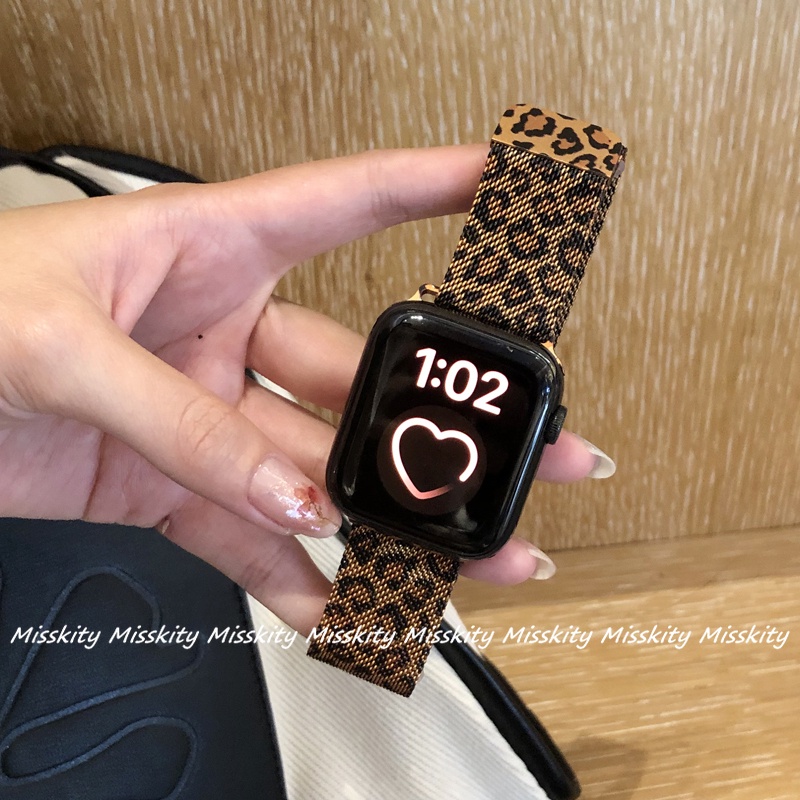 Dây Đeo Inox Họa Tiết Da Báo Cho Đồng Hồ Thông Minh Apple Watch Serise 7 Band 45mm 41mm 42mm 40mm 44mm Series 3 4 5 SE 6