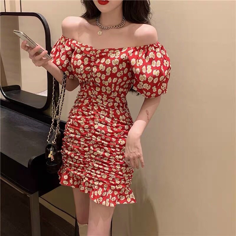 Đầm bông lụa kiểu nhùm xoè trễ vai