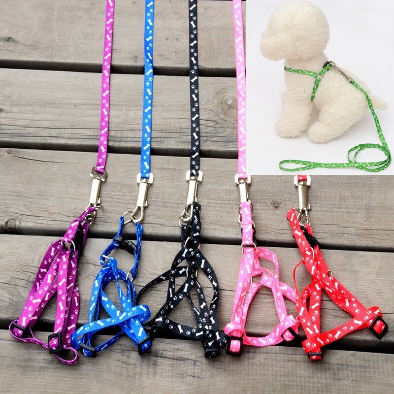 Dây dắt chó mèo đi dạo dây xích kèm yếm dành cho thú cưng nhỏ dưới 5kg in hình xương chân chó