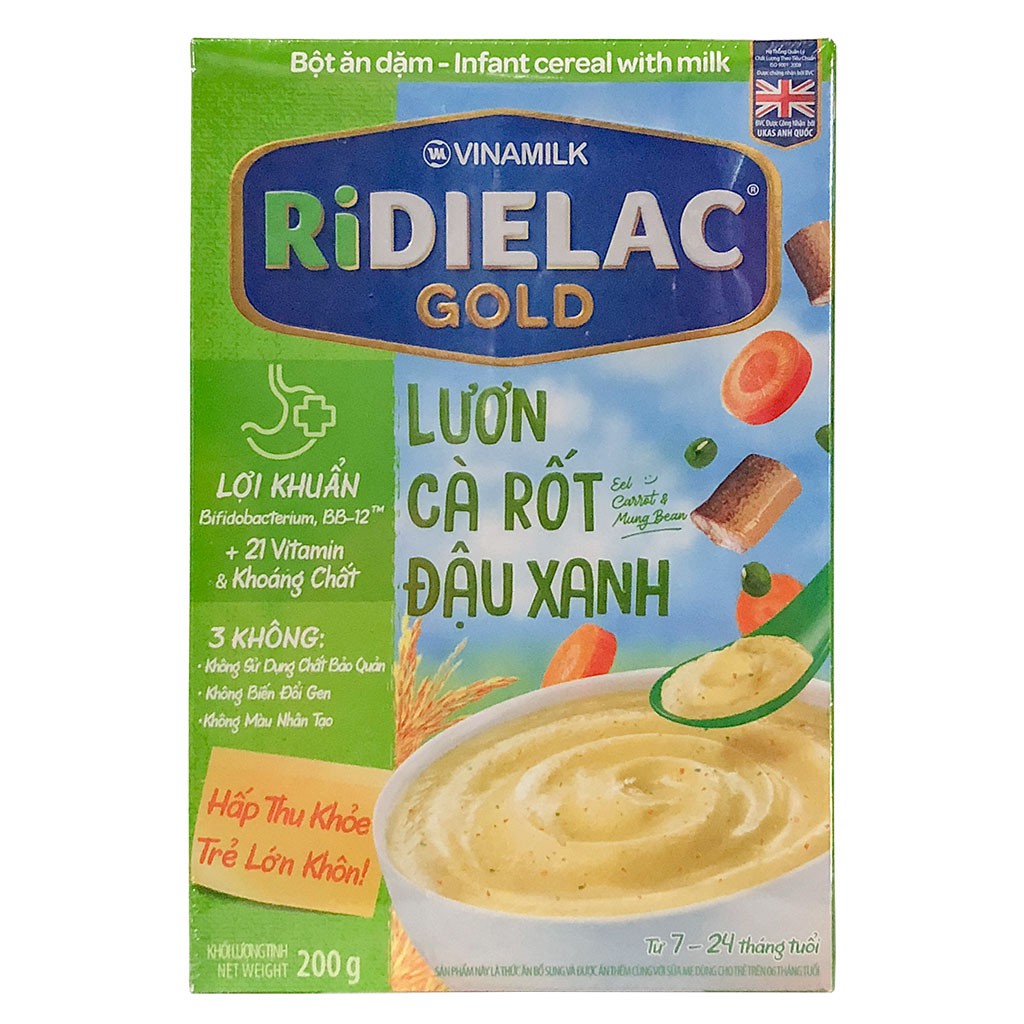 [CHÍNH HÃNG] Bột Ăn Dặm Vinamilk Ridielac Gold Lươn Cà Rốt Đậu Xanh Hộp 200g