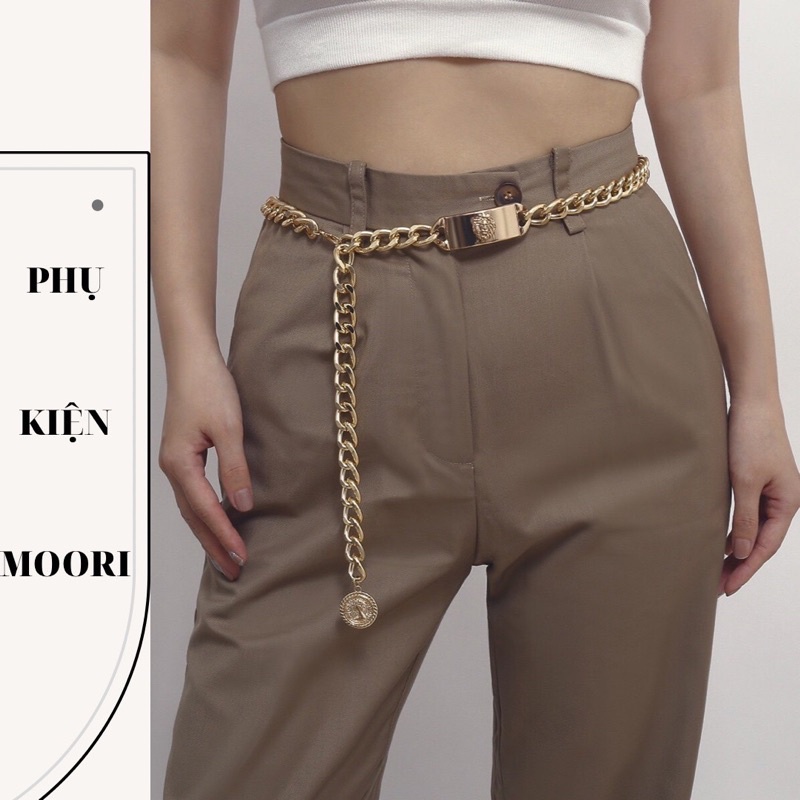 Belt xích, Thắt lưng nữ kim loại kiểu dây xích kèm mặt vuông phong cách Âu Mỹ. Dây nịt nữ, đai váy áo bản to