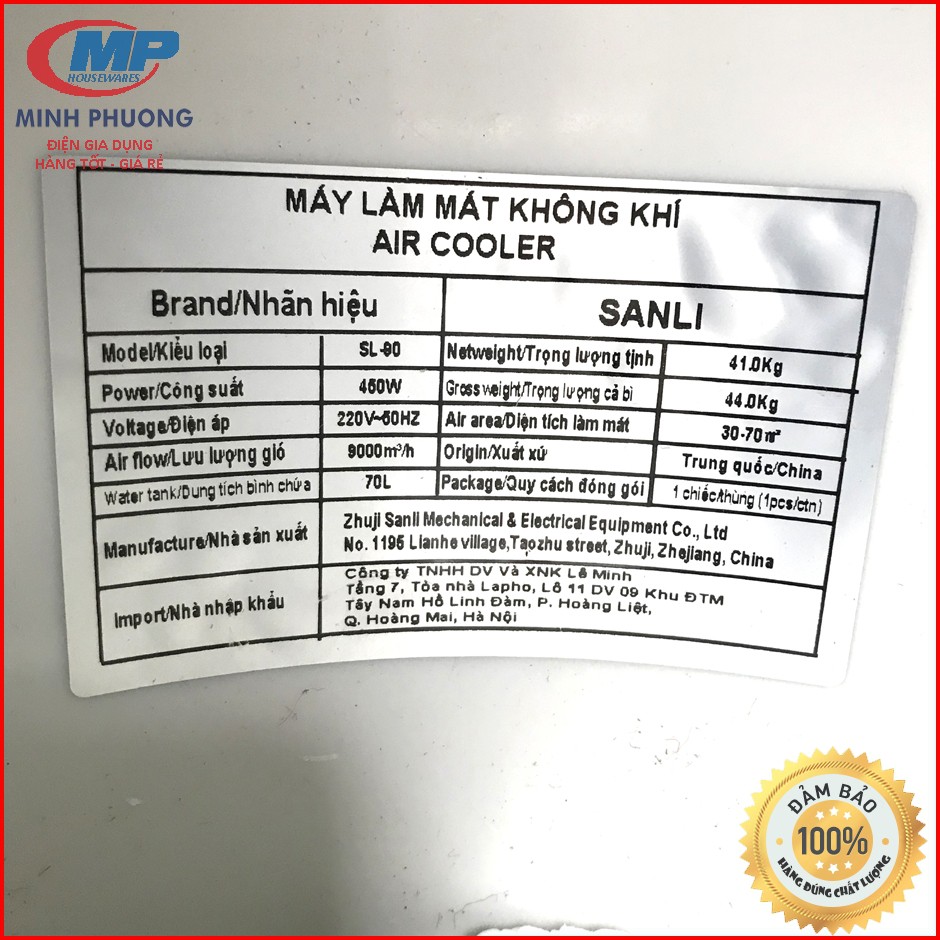 Bảo hành 24 Tháng Quạt điều hòa quạt hơi nước công nghiệp SANLI SL90 450W Bình 100 lít máy cơ