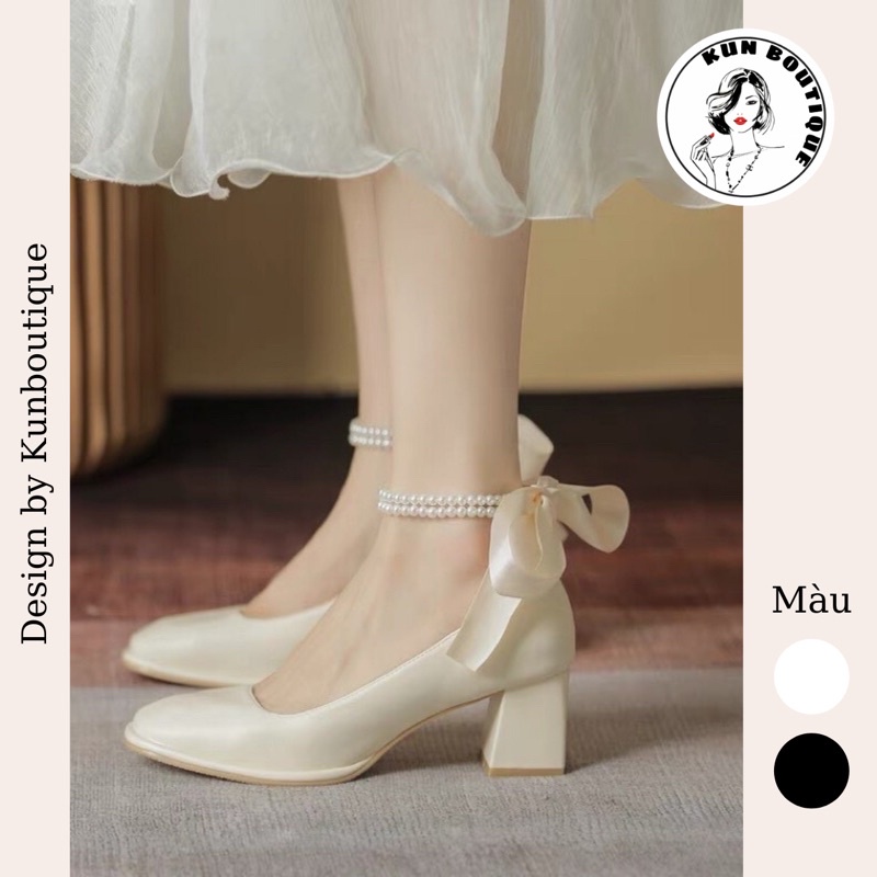 Giày búp bê cao gót mũi vuông blink blink thắt nơ gót vuông 5p sang chảnh, phong cách Hàn Quốc