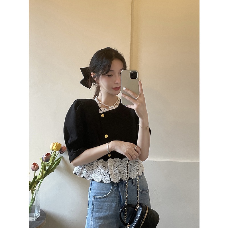 Áo Croptop Tay Ngắn Phồng Phối Ren Dáng Rộng Thời Trang Hàn Quốc Cho Nữ HZFWC4641