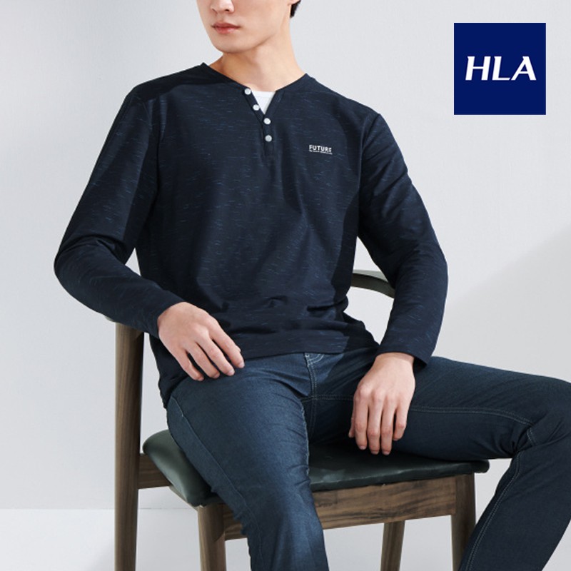 HLA - Áo Thun Nam dài tay cổ Y phối nút vải mềm mịn Simple Basic Solid Color Comfortable Long Sleeve T-shirt