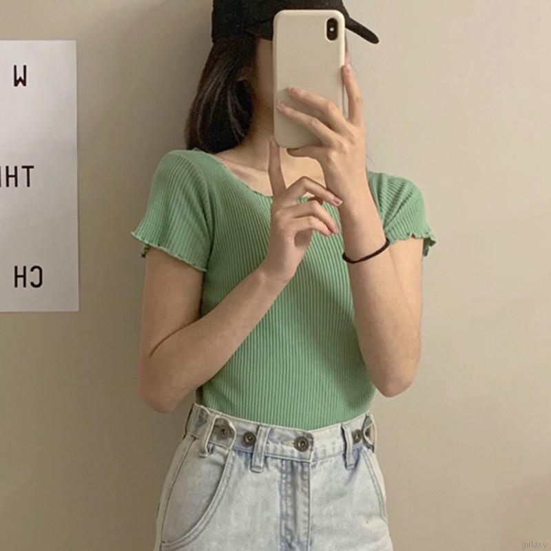 Áo Croptop Dệt Kim Tay Ngắn Phối Bèo Phong Cách Hàn Quốc