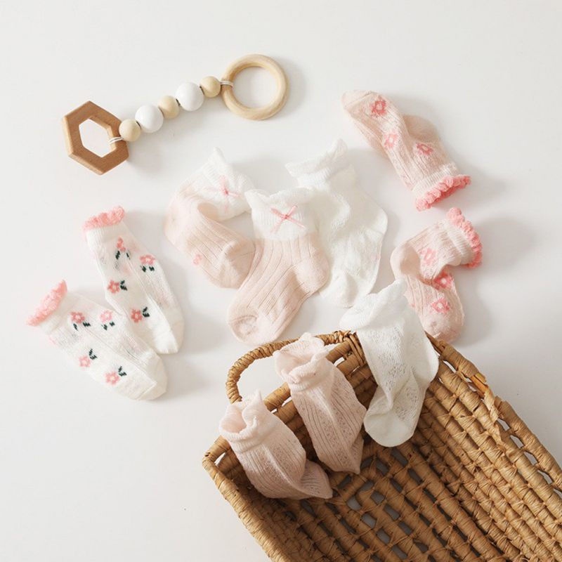 Bộ 5 Đôi Vớ Cotton Mỏng Phối Ren In Hoa Hoạt Hình Thời Trang Xuân Thu Cho Bé Gái
