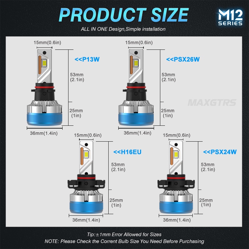 Bộ 2 bóng đèn Led MAXGTRS 55W H7 H4 Hi/Lo H8 H11 9005 Hb3 9006 Hb4 6500KH27/880 H1 H3 H27/881 PSX26W P13W H16Eu PSX24W