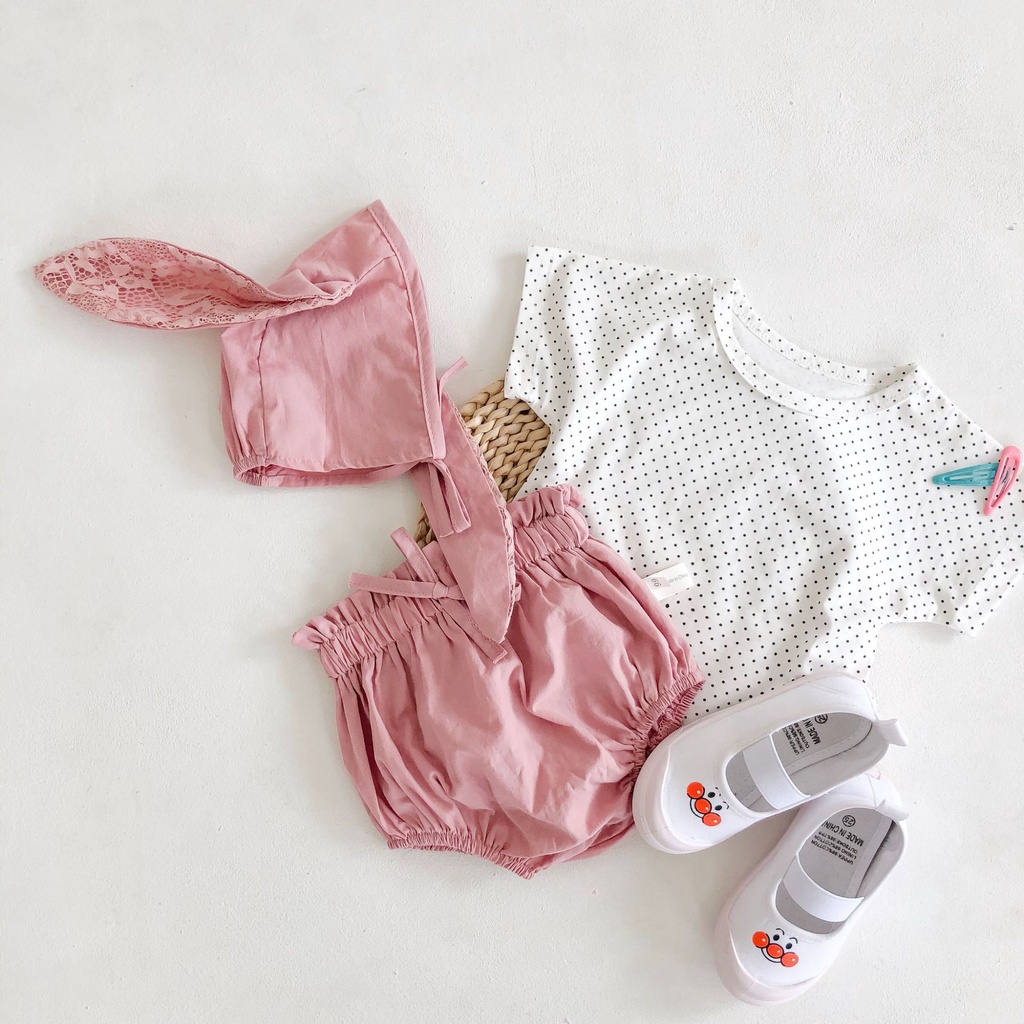 Bộ Áo Thun Chấm Bi + Quần Ngắn + Mũ Tai Thỏ Cho Bé Sơ Sinh