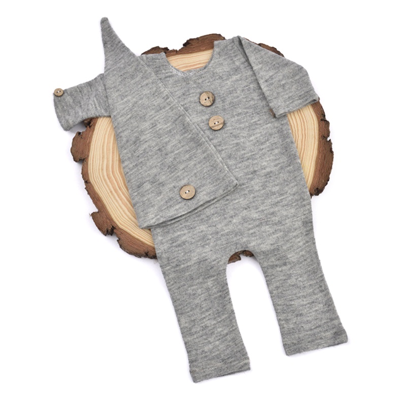 Bộ 2 Món Áo Liền Quần Màu Trơn Cài Nút + Mũ Đuôi Dài + Băng Đô Chụp