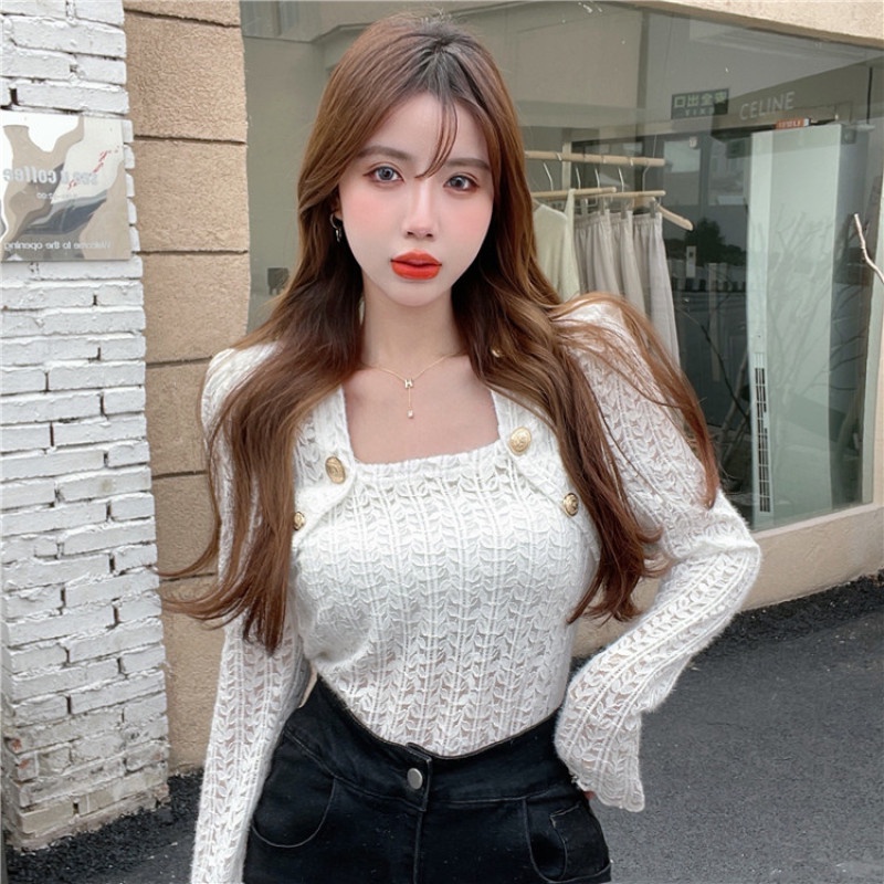 Áo sơ mi tay dài cổ vuông phối ren quyến rũ hợp thời trang