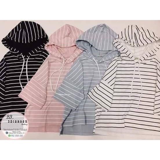 Áo croptop có mũ sọc kẻ ngang màu pastel form rộng có dây rút tăng độ rộng cho nón