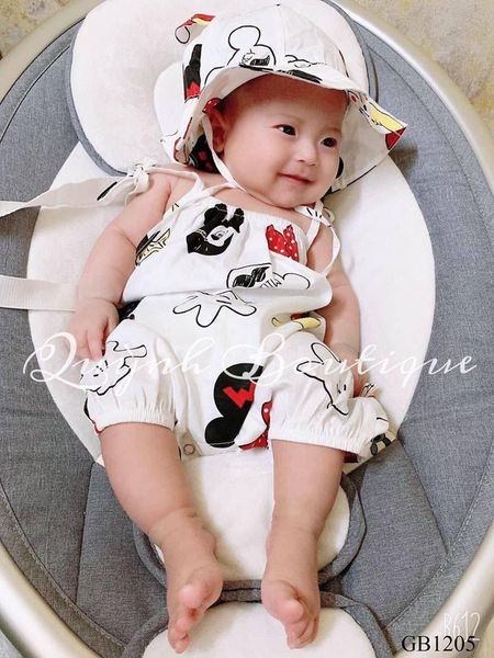 Quần áo trẻ em QUỲNH BOUTIQUE Body Mickey hai dây kèm mũ 5-15kg