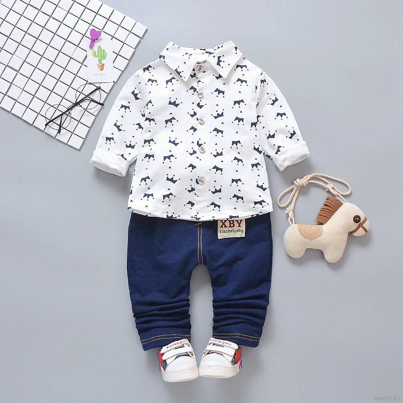 Set áo thun tay dài hoạ tiết vương miện + Quần jeans cho bé trai