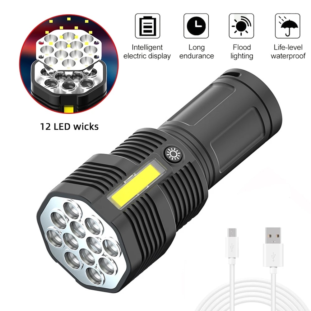 Đèn Pin 12 Bóng Led Sạc USB 4 Chế Độ Sáng Chống Thấm Nước Kèm Phụ Kiện