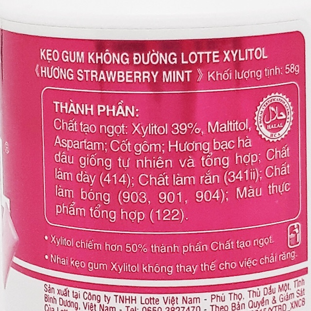 6 Hũ Kẹo Gum không đường Xylitol hương dâu bạc hà hũ 58g ( ComBo 6 hũ )