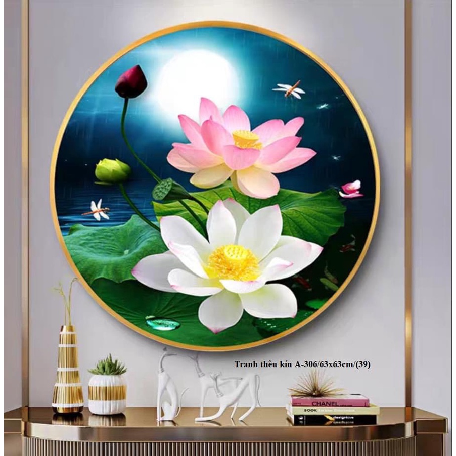 tranh thêu chữ thập hoa sen A-306 - 63*63 - tranh chưa thêu