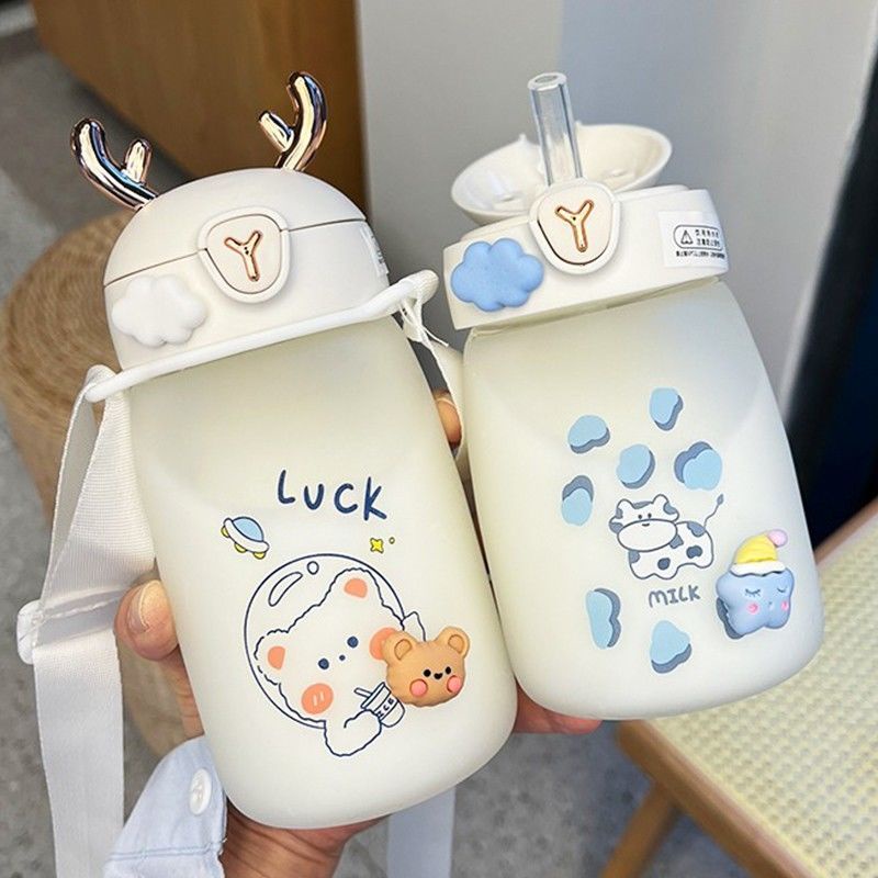 Bình Nước Thủy Tinh Có Ống Hút Dễ Thương Xinh Xắn Dành Cho Người Lớn Và Trẻ Em