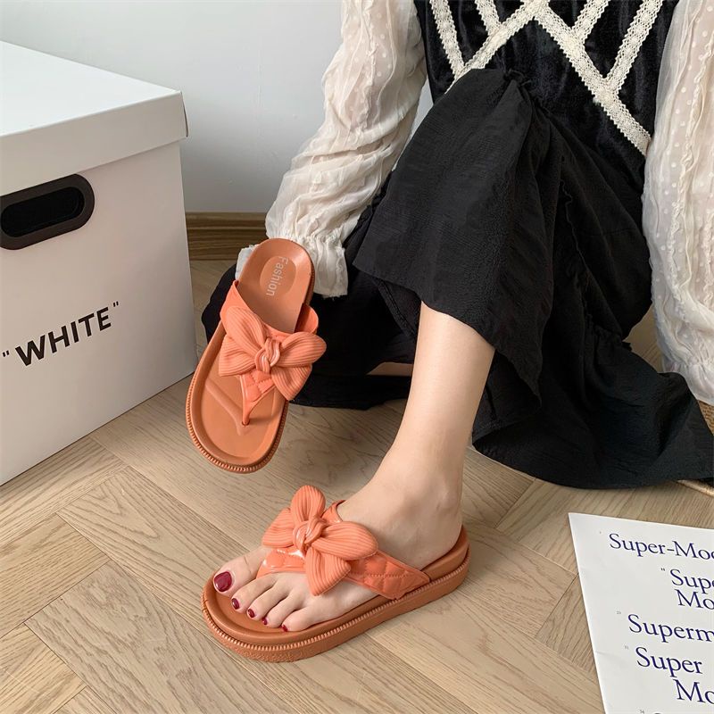 Dép Xỏ Ngón Quai Ngang Đế Dày Đính Nơ Họa Tiết Chấm Bi Dễ Thương Thời Trang Đi Biển Cho Nữ Giày Sandal Nữ TTH297