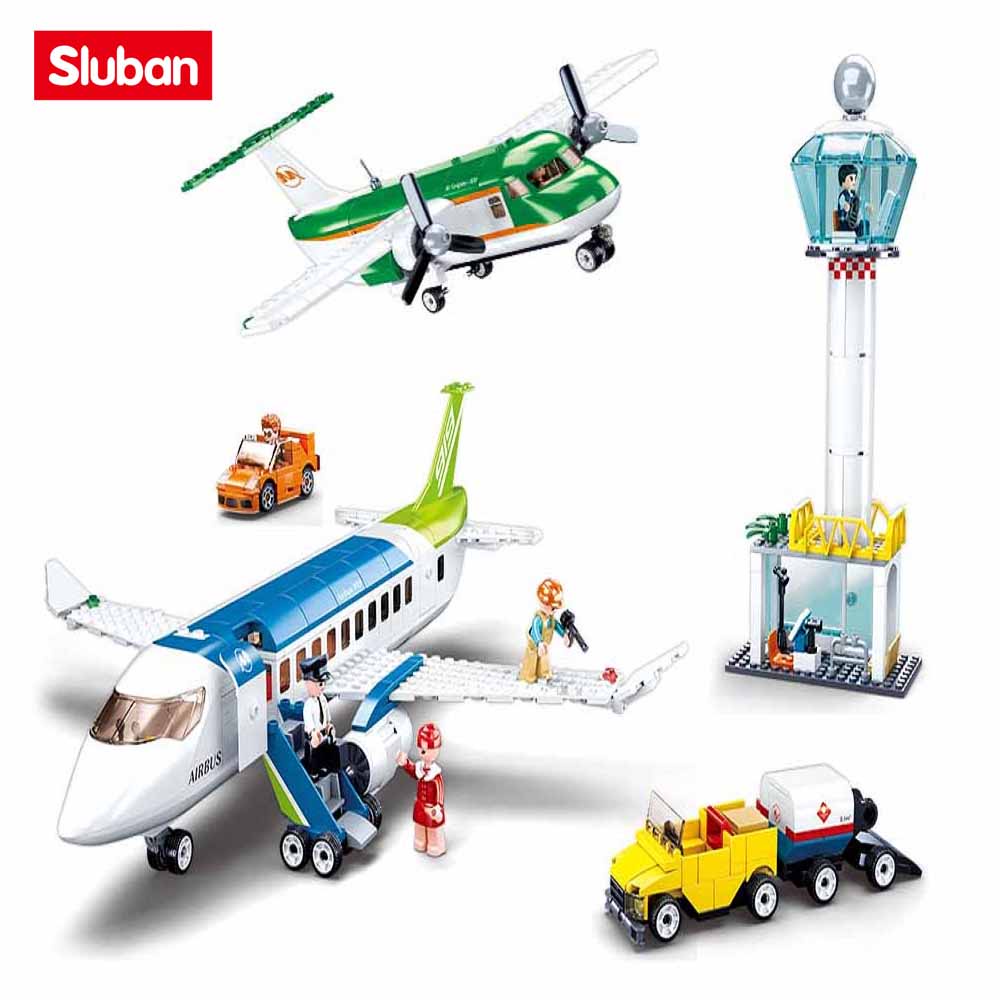Bộ đồ chơi lắp ráp SLUBAN B0930 hình sân bay 731 mảnh có bánh xe kéo và nhãn hiệu