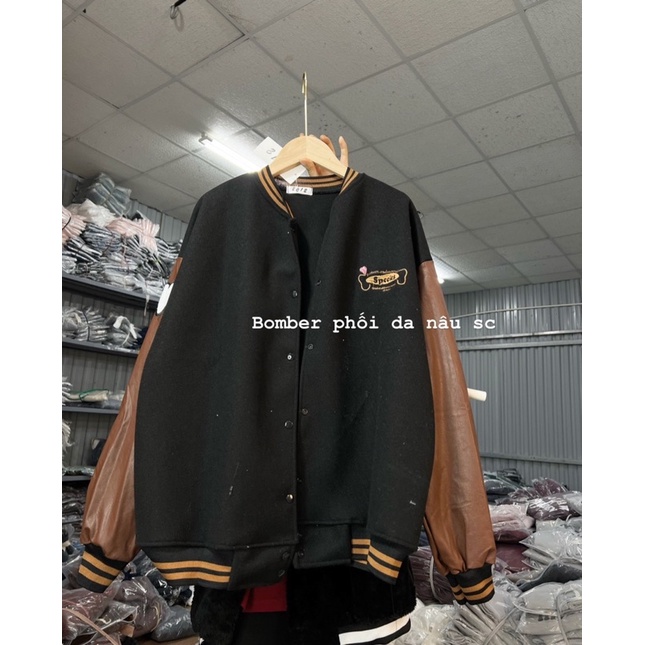 Áo khoác bomber phối da nâu form thụng nam nữ