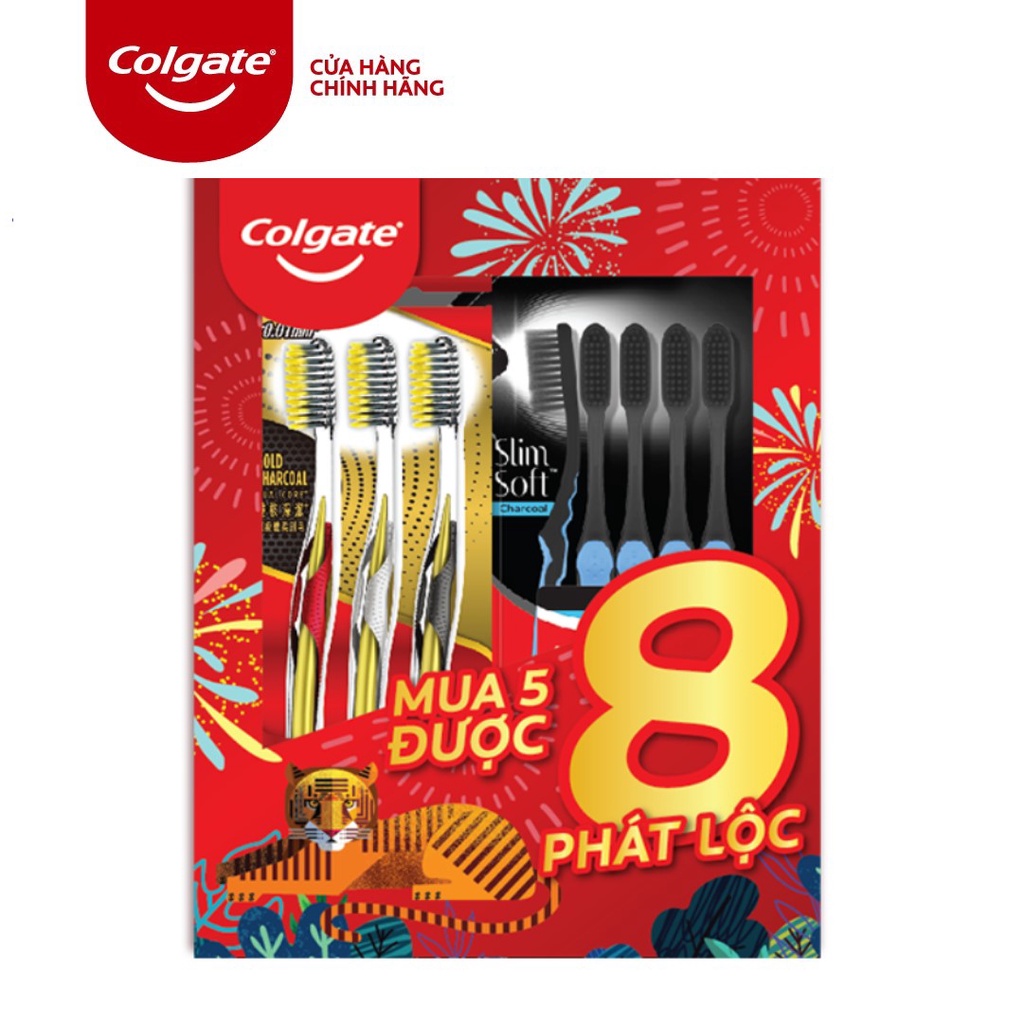 [Combo tết ] Bộ 5 Bàn chải đánh răng Colgate than hoạt tính kháng khuẩn SlimSoft Charcoal mềm mảnh tặng kèm  3 bàn chải