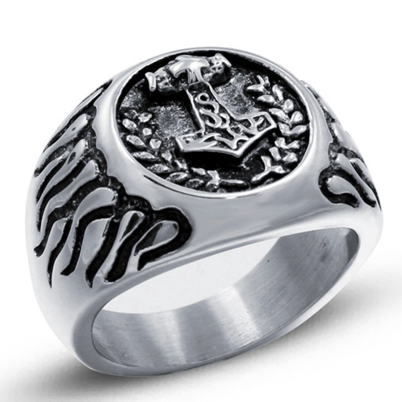 Cincin Punk Desain Thor Goth mythical Thor Bahan Stainless Steel Warna Silver untuk Pria