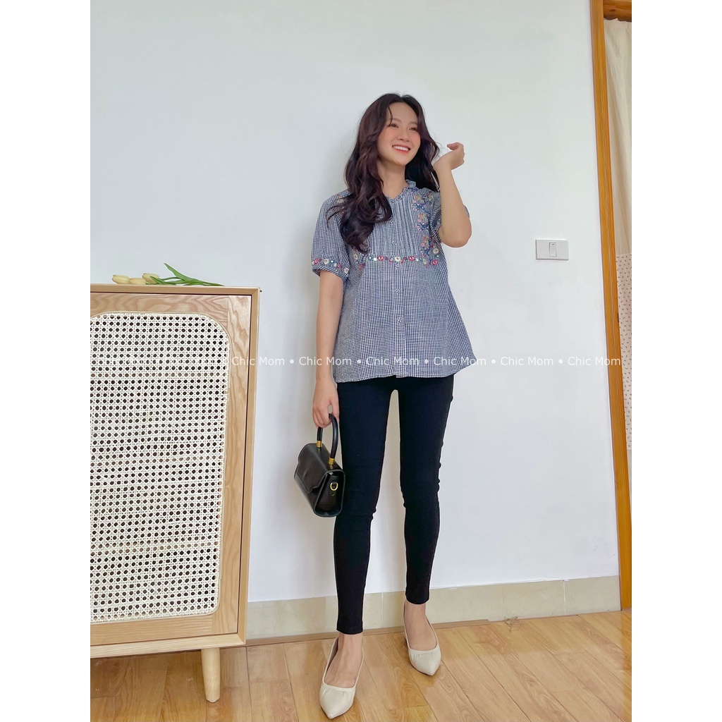 Áo somi bầu thêu hoa quanh cổ