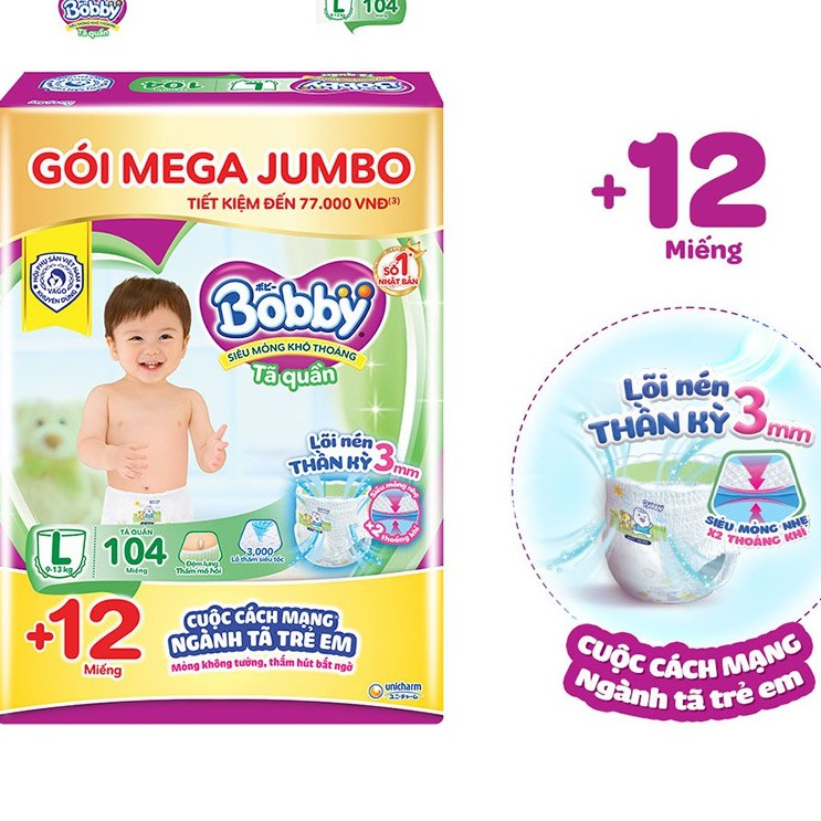 Tã quần Bobby - Đệm thấm lưng mồ hôi Mega Jumbo M120/L104/XL96/XXL88 mẫu mới.