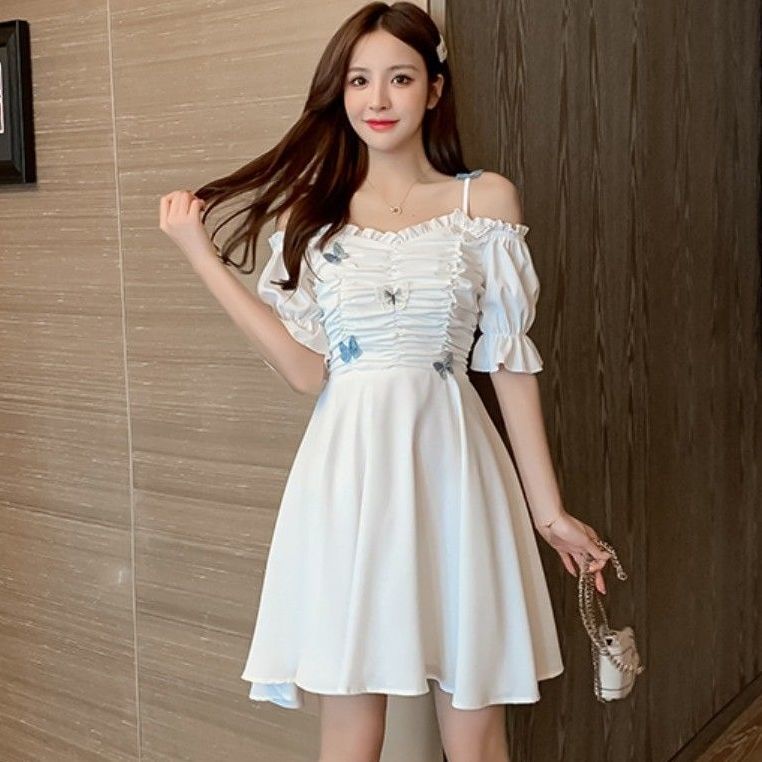 Đầm Trễ Vai Tay Loe In Họa Tiết Bướm Phong Cách Pháp Dành Cho Nữ