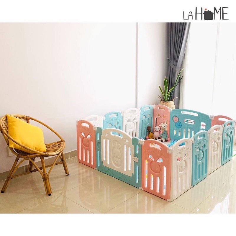 [Tặng Thảm Và 100 Banh] Quây Cũi Nhựa Gấp Gọn Hoạ Tiết Chú Thỏ, Nhựa Nguyên Sinh An Toàn, Màu Cam Trắng