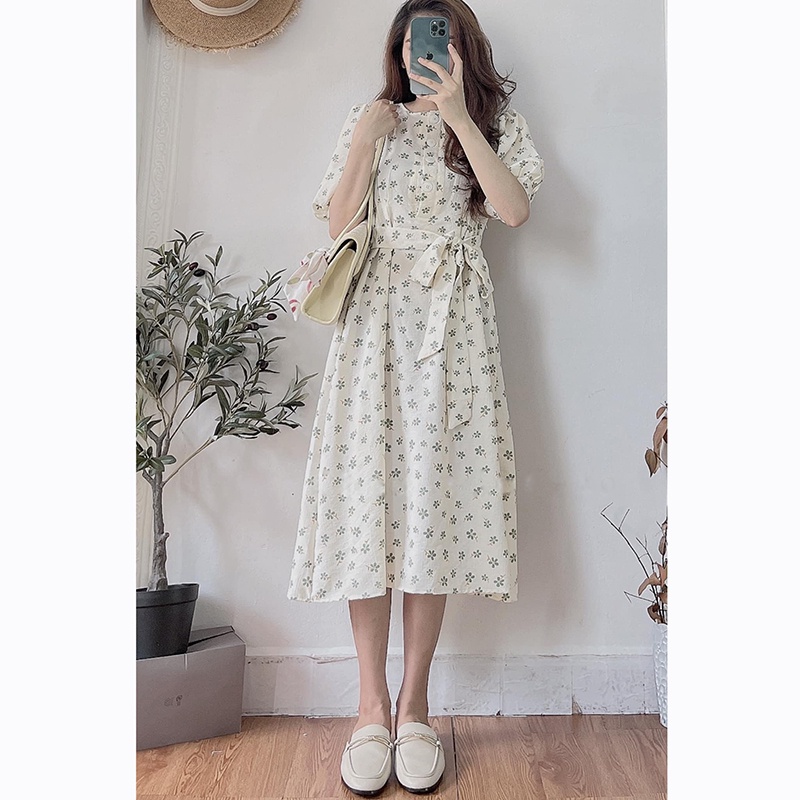 Váy trắng hoa nhí body babydoll tay ngắn thiết kế dây thắt eo bản to vintage , Đầm dự tiệc nữ hoa trắng | BigBuy360 - bigbuy360.vn